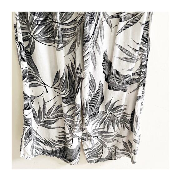 Tahari Palm Print Tropical Cropped Wide Leg 100% Linen Pants XL Black Ivory - Picture 3 of 9